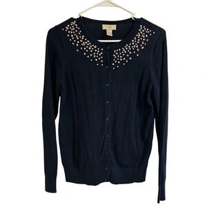 LOFT Women’s Size Sm Navy Blue Embellished Jewel Beaded Cardigan Button Sweater